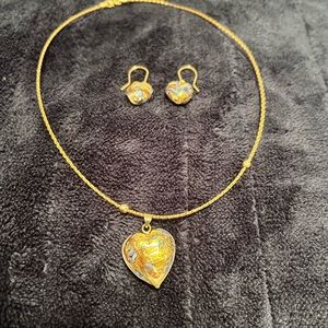 14KT Yellow Gold Venetian Glass Heart Necklace & Earrings